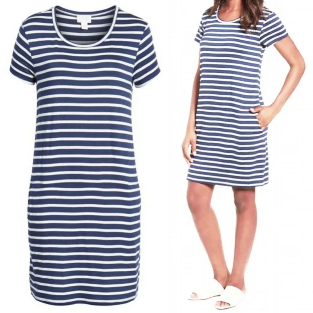 Caslon Shift Dress Small Striped Navy Blue Stretch Knit Side Pockets Super SOFT